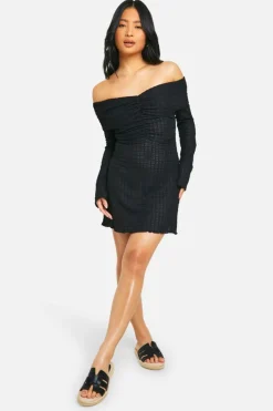 Skater Dresses*boohoo Petite Textured Bardot Mini Dress black