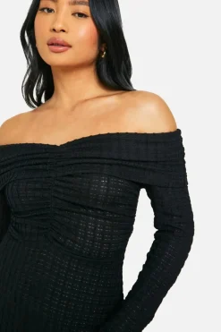 Skater Dresses*boohoo Petite Textured Bardot Mini Dress black
