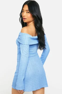 Skater Dresses*boohoo Petite Textured Bardot Mini Dress blue
