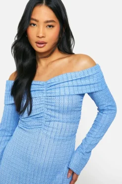 Skater Dresses*boohoo Petite Textured Bardot Mini Dress blue