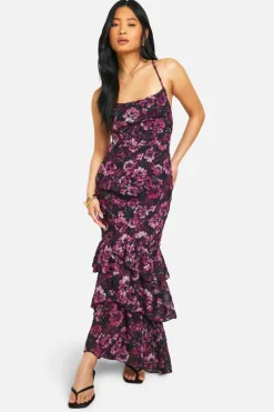 Maxi Dresses*boohoo Petite Textured Floral Chiffon Ruffle Maxi Dress purple