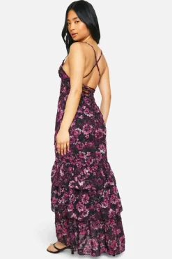Maxi Dresses*boohoo Petite Textured Floral Chiffon Ruffle Maxi Dress purple