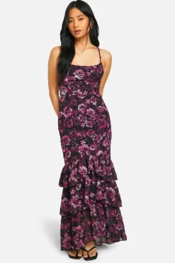 Maxi Dresses*boohoo Petite Textured Floral Chiffon Ruffle Maxi Dress purple