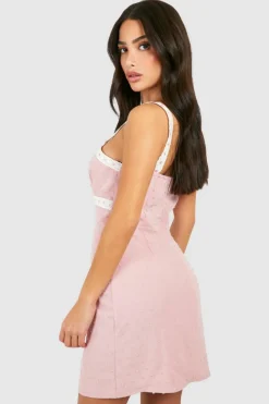 Smock Dresses*boohoo Petite Textured Woven Lace Trim Mini Dress pink