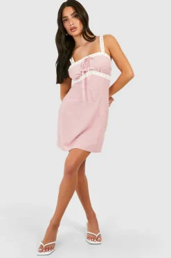 Smock Dresses*boohoo Petite Textured Woven Lace Trim Mini Dress pink