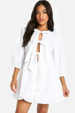Skater Dresses*boohoo Petite Tie Front Volume Sleeve Skater Dress white