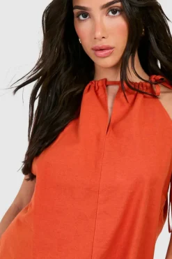 Smock Dresses*boohoo Petite Tie Neck Mini Dress terracotta