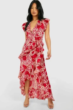 Wrap Dresses*boohoo Petite Tile Print Wrap Ruffle Maxi Dress rust