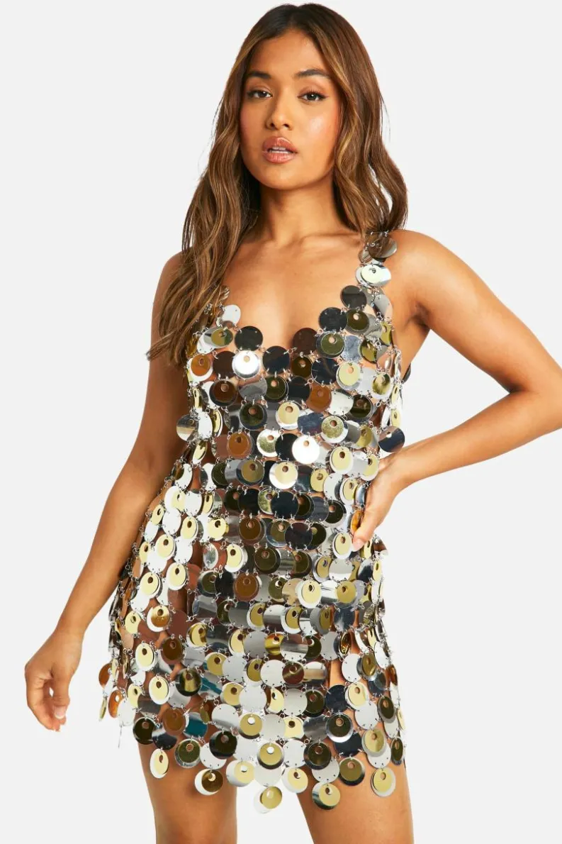 Mini Dresses*boohoo Petite Two Tone Disc Sequin Mini Dress silver