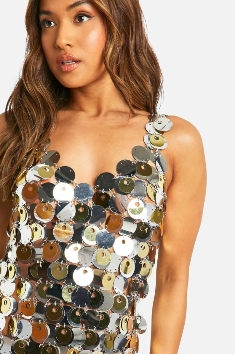 Mini Dresses*boohoo Petite Two Tone Disc Sequin Mini Dress silver