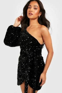 Wrap Dresses*boohoo Petite Velvet Sequin Asymmetric Wrap Dress black