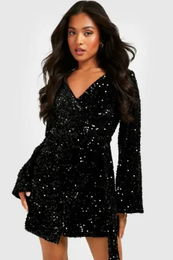 Wrap Dresses*boohoo Petite Velvet Sequin Flare Sleeve Wrap Dress black