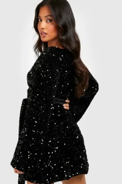 Wrap Dresses*boohoo Petite Velvet Sequin Flare Sleeve Wrap Dress black