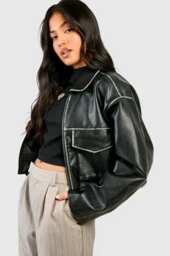 Up To 80% Off Winter Warmers|Coats & Jackets*boohoo Petite Vintage Look Faux Leather Pocket Detail Jacket black