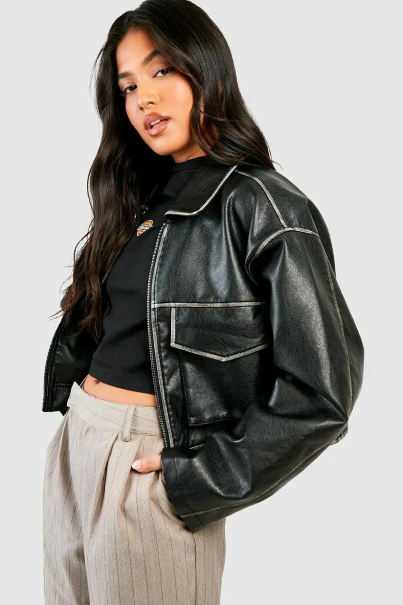 Up To 80% Off Winter Warmers|Coats & Jackets*boohoo Petite Vintage Look Faux Leather Pocket Detail Jacket black