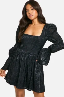 Skater Dresses*boohoo Petite Volume Sleeve Burnout Skater Dress black