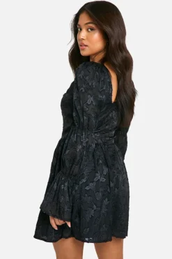 Skater Dresses*boohoo Petite Volume Sleeve Burnout Skater Dress black