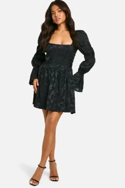 Skater Dresses*boohoo Petite Volume Sleeve Burnout Skater Dress black