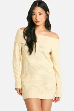 Jumper Dresses|Jumper Dresses*boohoo Petite Wide Rib Bardot Neckline Mini Jumper Dress stone