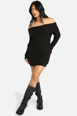 Jumper Dresses|Jumper Dresses*boohoo Petite Wide Rib Bardot Neckline Mini Jumper Dress black
