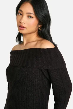 Jumper Dresses|Jumper Dresses*boohoo Petite Wide Rib Bardot Neckline Mini Jumper Dress black