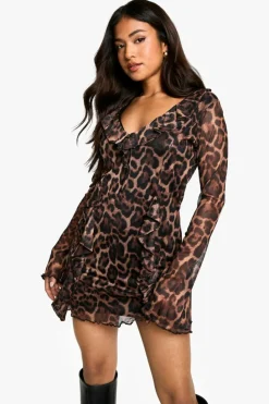 Mini Dresses|Long Sleeve Dresses*boohoo Petite Zebra Print Ruffle Shift Dress brown