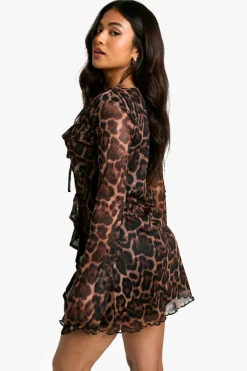 Mini Dresses|Long Sleeve Dresses*boohoo Petite Zebra Print Ruffle Shift Dress brown
