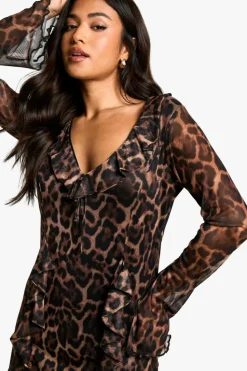 Mini Dresses|Long Sleeve Dresses*boohoo Petite Zebra Print Ruffle Shift Dress brown