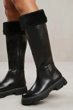 Chunky Boots*Where's That From Peyton' Below Knee Boot With Chunky Sole And Fur Trim Black