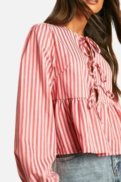 Long Sleeve Tops*boohoo And Red Stripe Tie Front Puff Long Sleeve Smock Top pink