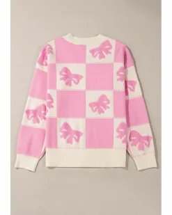 Cardigans*Azura Exchange Bowknot Checkered Pattern V Neck Drop Shoulder Button Up Cardigan Pink
