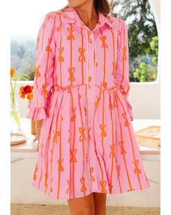 Shirt Dresses*Azura Exchange Bowknot Striped Printed Tiered Ruffled Mini Shirt Dress Pink