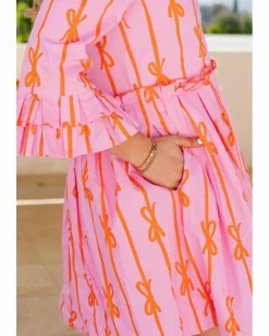 Shirt Dresses*Azura Exchange Bowknot Striped Printed Tiered Ruffled Mini Shirt Dress Pink