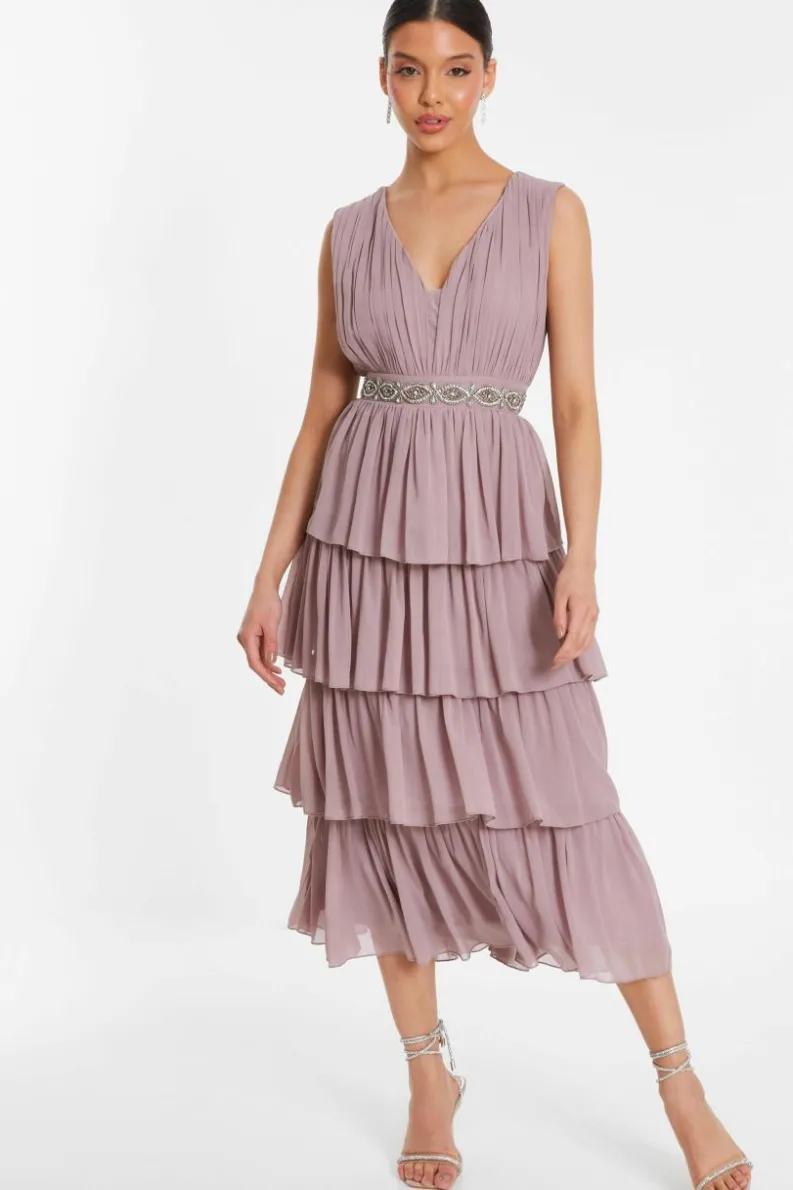 Midi Dresses*Quiz Chiffon Tiered Midi Dress Pink