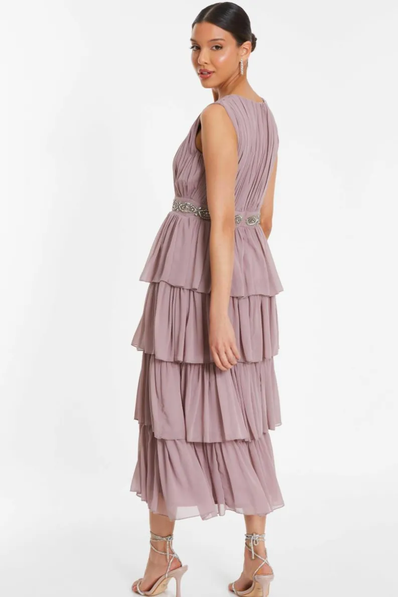 Midi Dresses*Quiz Chiffon Tiered Midi Dress Pink