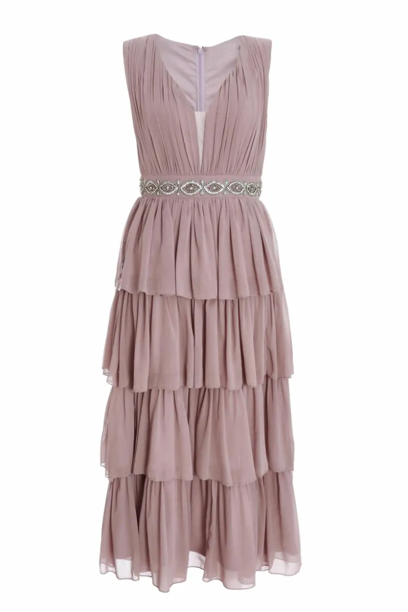 Midi Dresses*Quiz Chiffon Tiered Midi Dress Pink