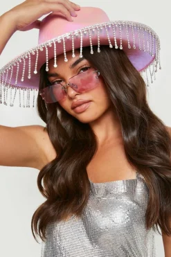 Hats & Gloves|Hats & Gloves*boohoo Diamante Tassel Trim Cowboy Hat pink