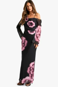 Maxi Dresses|Long Sleeve Dresses*boohoo Pink Floral Asymmetric Chiffon Maxi Dress black