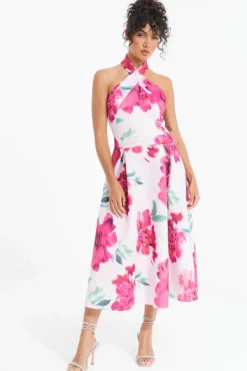 Midi Dresses*Quiz Floral Halter Neck Midi Skater Dress Pink