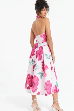 Midi Dresses*Quiz Floral Halter Neck Midi Skater Dress Pink