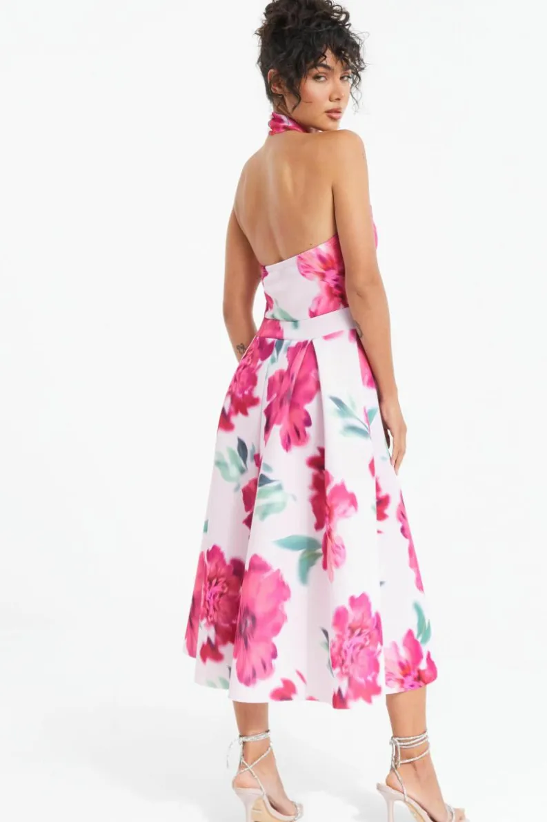Midi Dresses*Quiz Floral Halter Neck Midi Skater Dress Pink