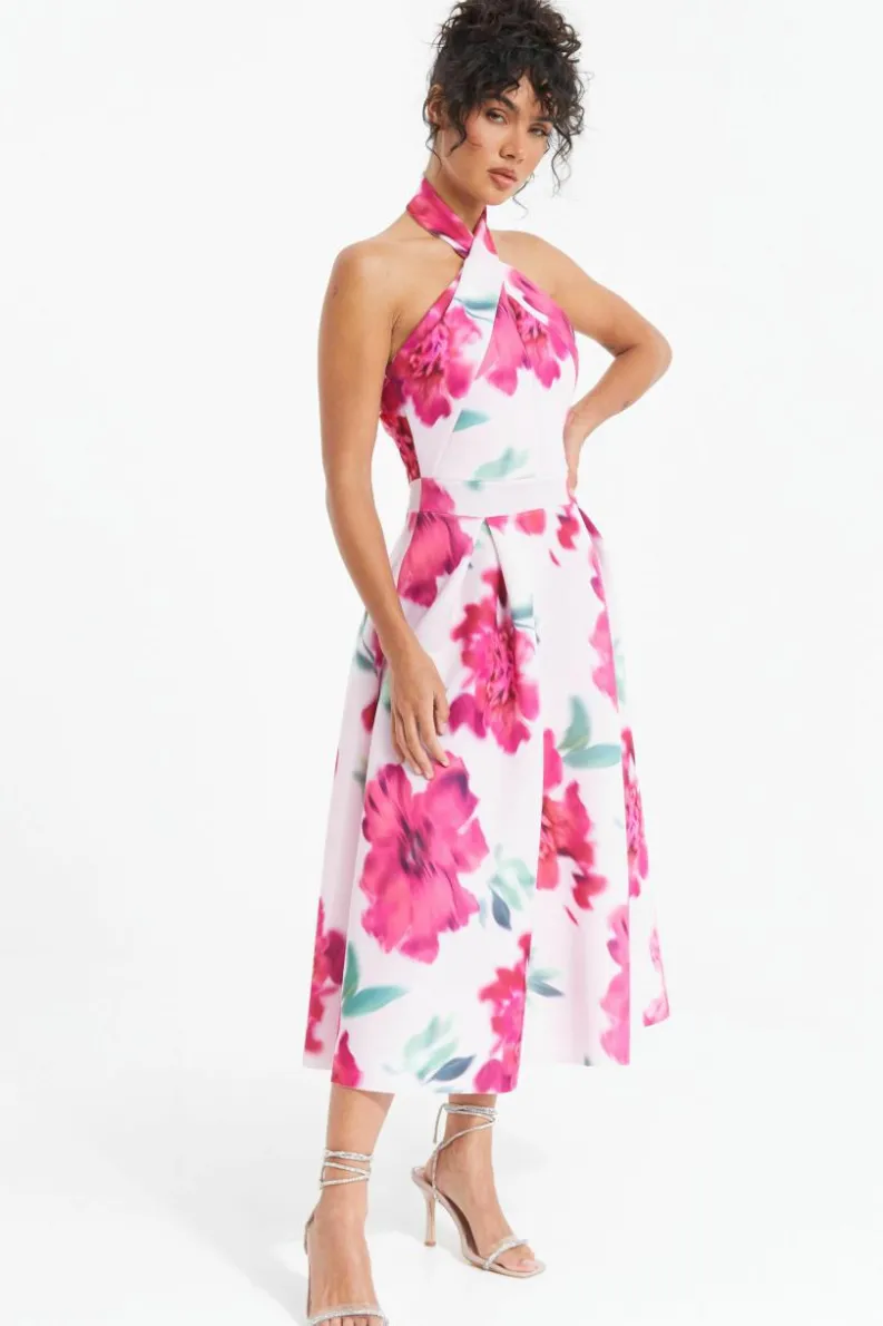 Midi Dresses*Quiz Floral Halter Neck Midi Skater Dress Pink