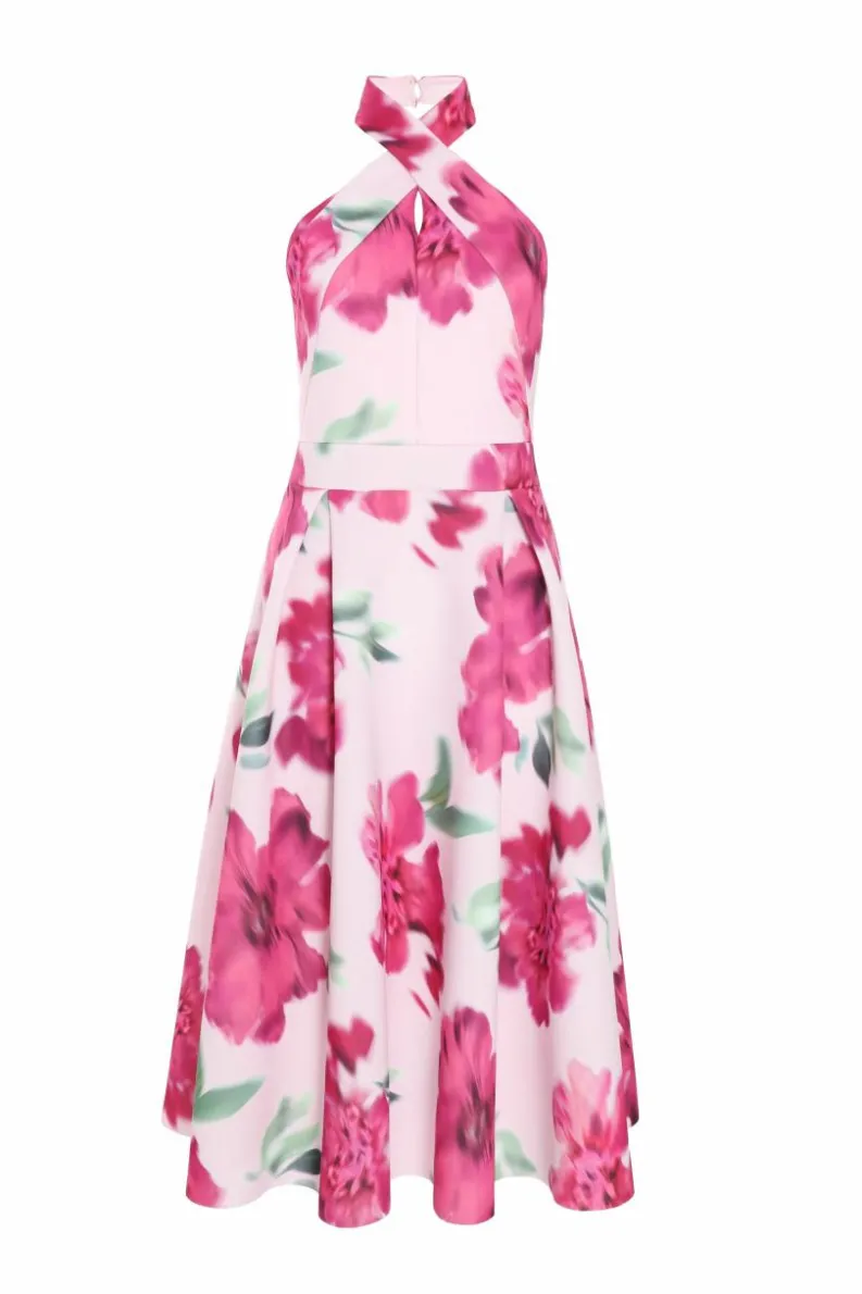 Midi Dresses*Quiz Floral Halter Neck Midi Skater Dress Pink