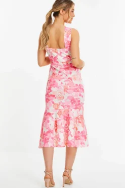Midi Dresses*Quiz Floral Print Frill Halter Neck Midi Dress Pink