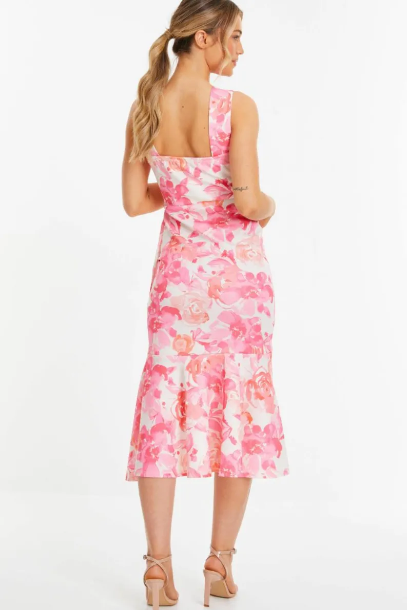 Midi Dresses*Quiz Floral Print Frill Halter Neck Midi Dress Pink