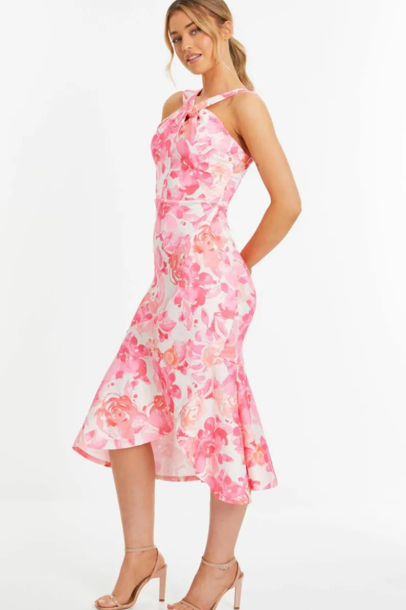 Midi Dresses*Quiz Floral Print Frill Halter Neck Midi Dress Pink