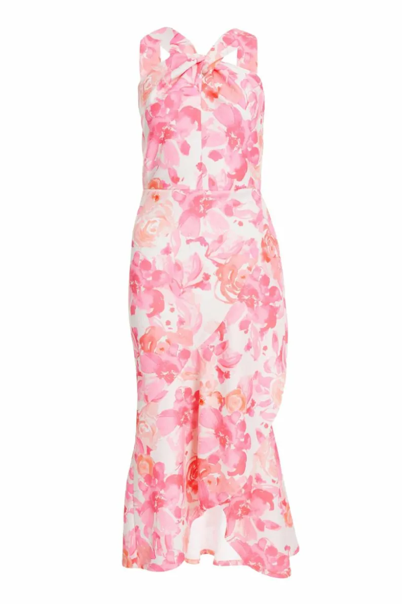 Midi Dresses*Quiz Floral Print Frill Halter Neck Midi Dress Pink