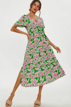 Wrap Dresses*FS Collection Floral Print Hem Tiered Wrap Midi Dress In Green Pink