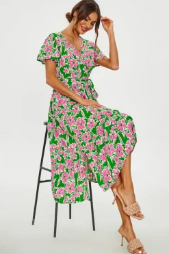 Wrap Dresses*FS Collection Floral Print Hem Tiered Wrap Midi Dress In Green Pink