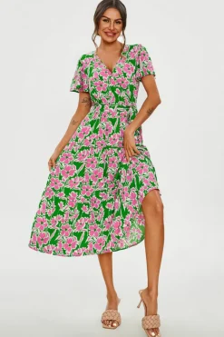 Wrap Dresses*FS Collection Floral Print Hem Tiered Wrap Midi Dress In Green Pink